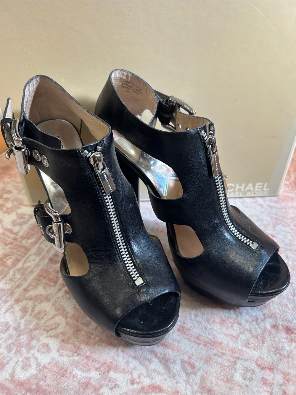 EUC Michael Kors Black Leather Cutout Peep-Toe Heels with Front Zipper